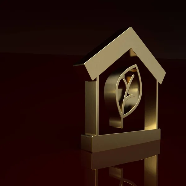 Gold Eco friendly house icon isolated on brown background. Eco house with leaf. Minimalism concept. 3D render illustration.