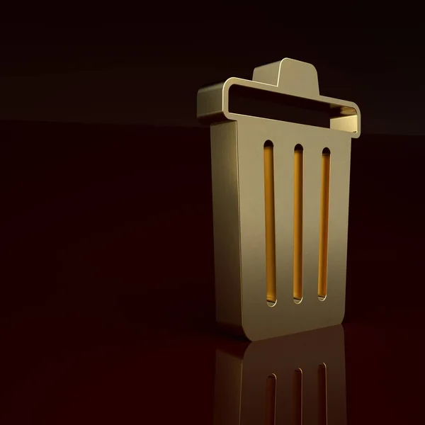 Gold Trash can icon isolated on brown background. Garbage bin sign. Recycle basket icon. Office trash icon. Minimalism concept. 3D render illustration.