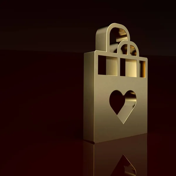 Gold Shopping bag with heart icon isolated on brown background. Shopping bag shop love like heart icon. Happy Valentines day. Minimalism concept. 3D render illustration.