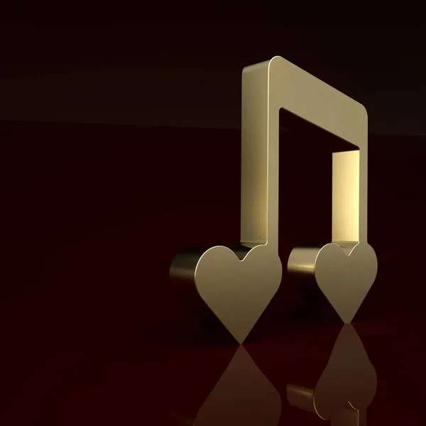 Gold Music note, tone with hearts icon isolated on brown background. Happy Valentines day. Minimalism concept. 3D render illustration.