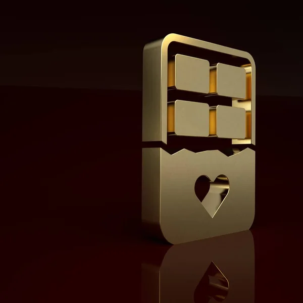 Gold Chocolate bar icon isolated on brown background. Happy Valentines day. Minimalism concept. 3D render illustration.