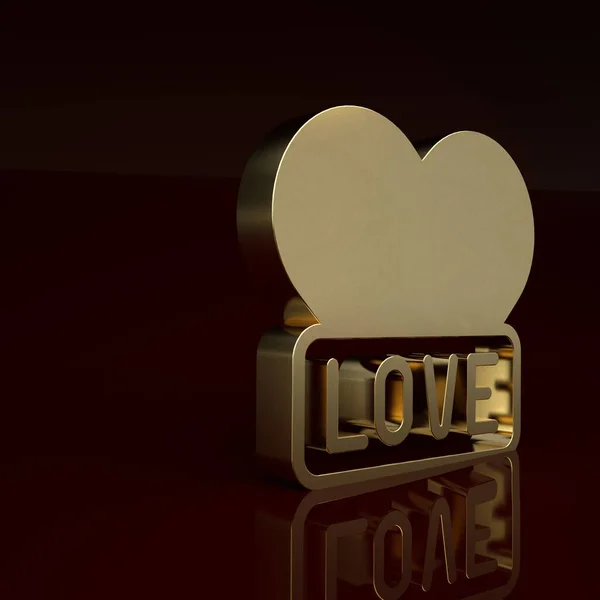 Gold Heart icon isolated on brown background. Romantic symbol linked, join, passion and wedding. Happy Valentines day. Minimalism concept. 3D render illustration.