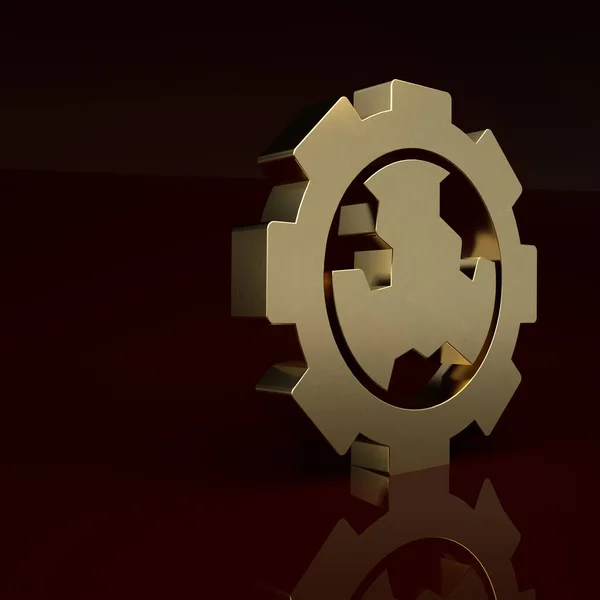 Gold Globe of the Earth and gear or cog icon isolated on brown background. Setting parameters. Global Options. Minimalism concept. 3D render illustration.