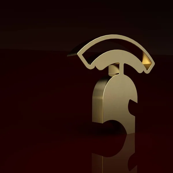 Gold Roman army helmet icon isolated on brown background. Minimalism concept. 3D render illustration.