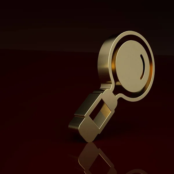 Gold Magnifying glass icon isolated on brown background. Search, focus, zoom, business symbol. Minimalism concept. 3D render illustration.