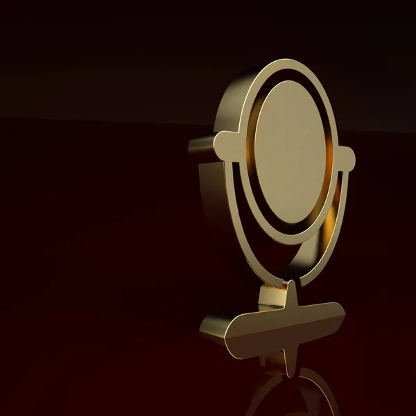 Gold Round makeup mirror icon isolated on brown background. Minimalism concept. 3D render illustration.