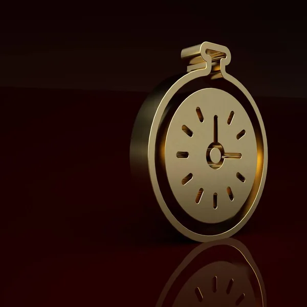 Gold Pocket watch icon isolated on brown background. Minimalism concept. 3D render illustration.