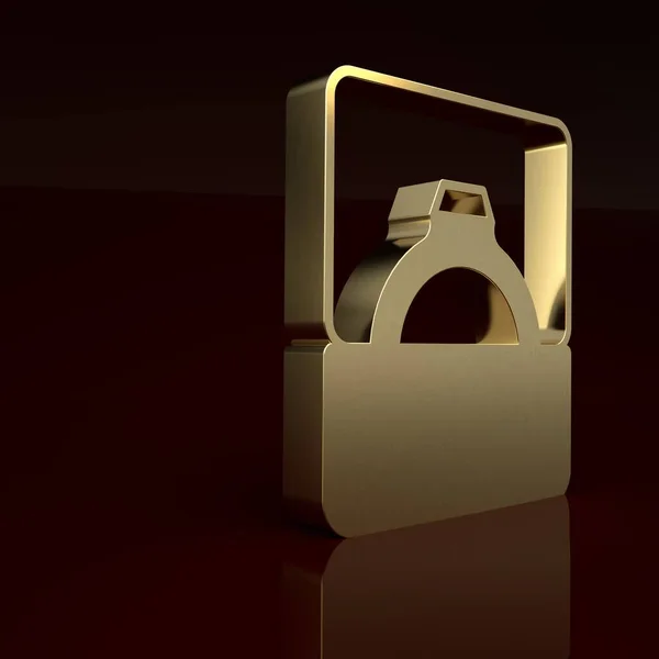 Gold Diamond engagement ring in box icon isolated on brown background. Minimalism concept. 3D render illustration.