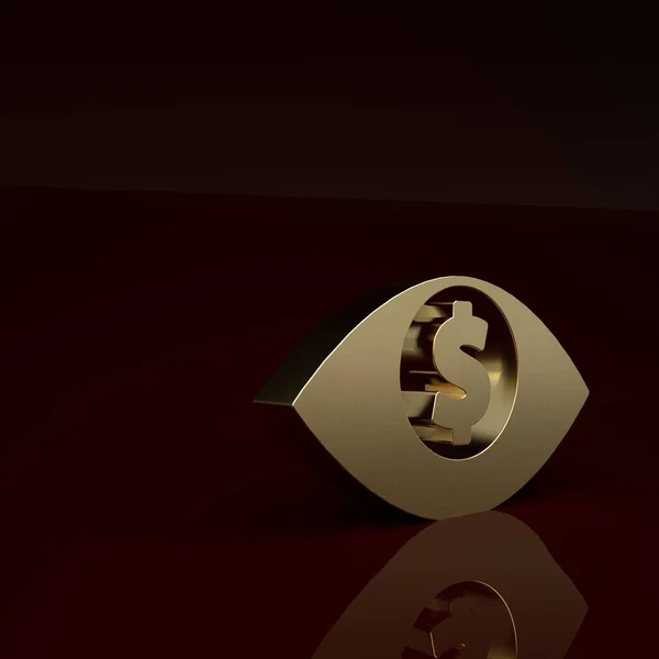 Gold Eye with dollar icon isolated on brown background. Minimalism concept. 3D render illustration.