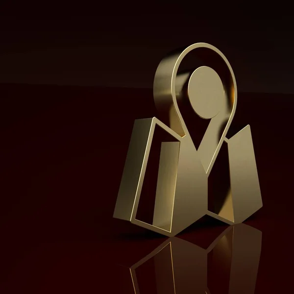 Gold Folded map with location marker icon isolated on brown background. Minimalism concept. 3D render illustration.