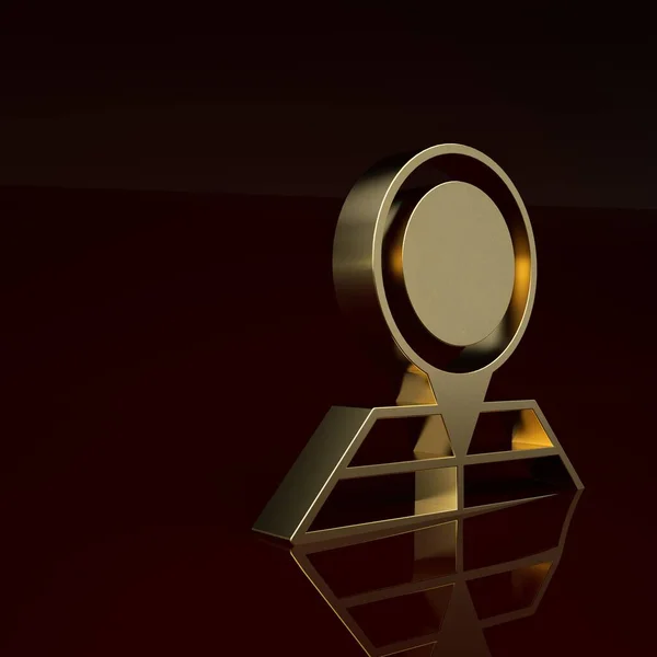 Gold Folded map with location marker icon isolated on brown background. Minimalism concept. 3D render illustration.