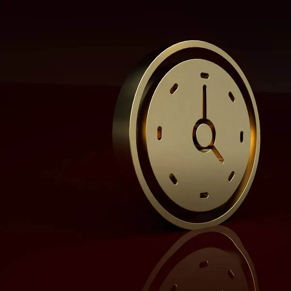 Gold Clock icon isolated on brown background. Time symbol. Minimalism concept. 3D render illustration.