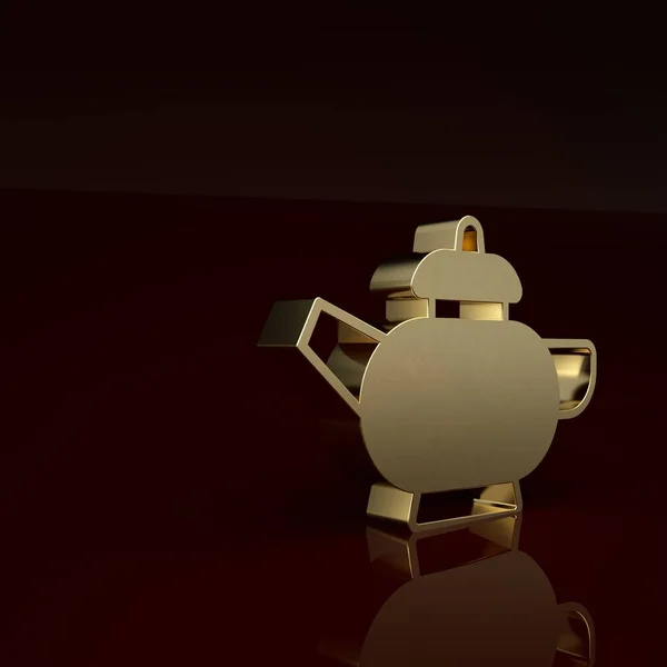 Gold Traditional Chinese tea ceremony icon isolated on brown background. Teapot with cup. Minimalism concept. 3D render illustration.