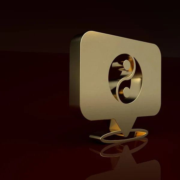 Gold Yin Yang symbol of harmony and balance icon isolated on brown background. Minimalism concept. 3D render illustration.