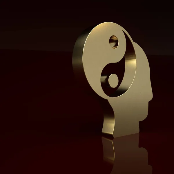 Gold Yin Yang symbol of harmony and balance icon isolated on brown background. Minimalism concept. 3D render illustration.