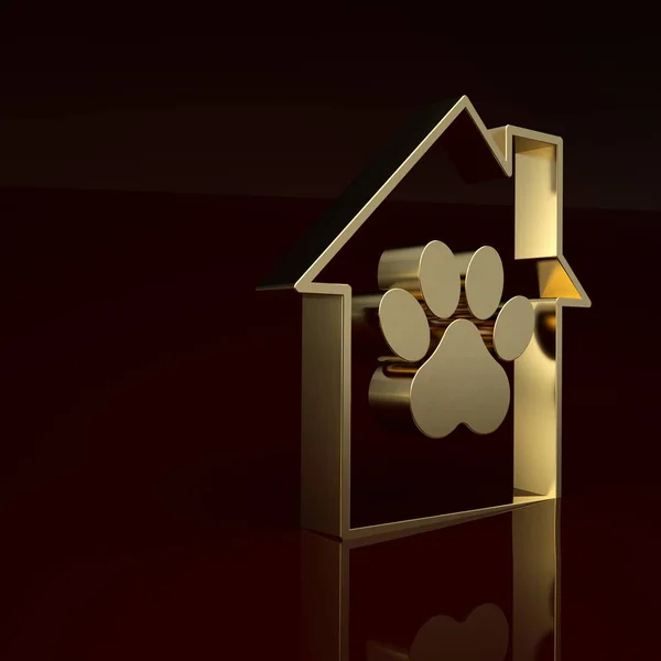 Gold Pet house icon isolated on brown background. Minimalism concept. 3D render illustration.