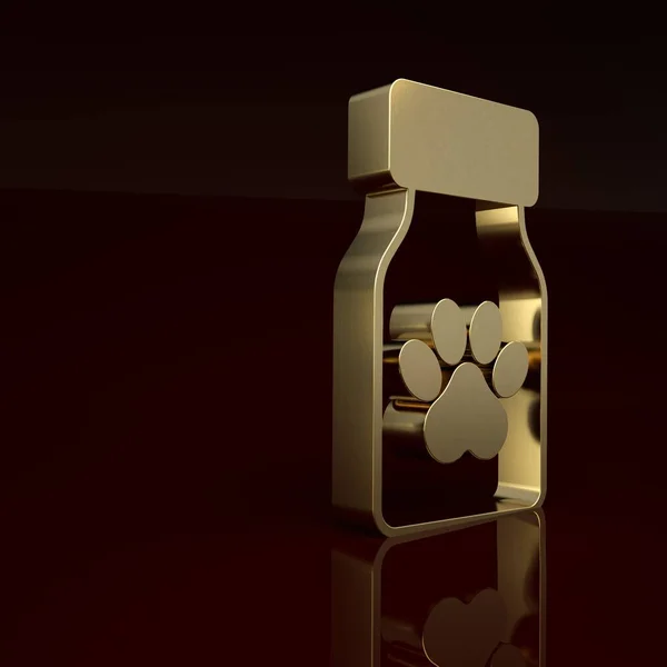 Gold Medicine bottle and pills icon isolated on brown background. Container with pills. Prescription medicine for animal. Minimalism concept. 3D render illustration.