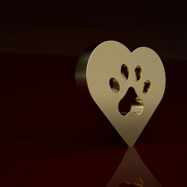 Gold Heart with animals footprint icon isolated on brown background. Pet paw in heart. Love to the animals. Minimalism concept. 3D render illustration.