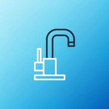 Line Water musluk simgesi mavi arkaplanda izole edildi. Renkli taslak konsepti. Vektör.
