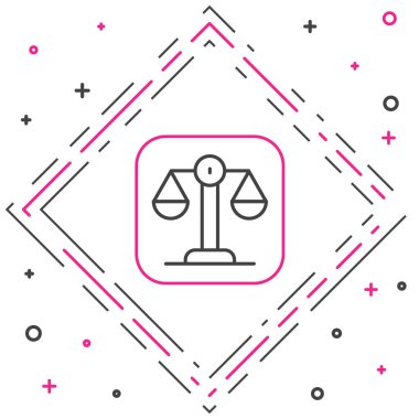 Beyaz arka planda izole edilmiş adalet simgesi çizgileri. Hukuk mahkemesi sembolü. Denge tabelaları. Renkli taslak konsepti. Vektör.