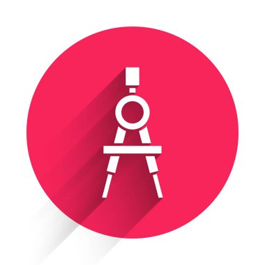 Beyaz çizim pusula simgesi uzun gölgeli izole edildi. Pusula işareti. Çizim ve eğitim araçları. Geometrik alet. Kırmızı daire düğmesi. Vektör.