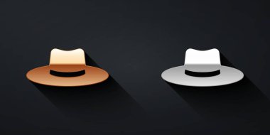 Altın ve gümüş bahçıvan, çiftçi ya da tarımsal işçi şapkası ikonu siyah arka planda izole edilmiş. Uzun gölge tarzı. Vektör.