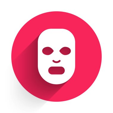 Beyaz Yüz Kozmetik Maskesi ikonu uzun gölge arkaplanı ile izole edilmiş. Kozmetoloji, ilaç ve sağlık hizmetleri. Kırmızı daire düğmesi. Vektör.