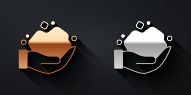 Siyah arka planda altın ve gümüş külçe ikonu izole edildi. Mineral kaya. Uzun gölge tarzı. Vektör.