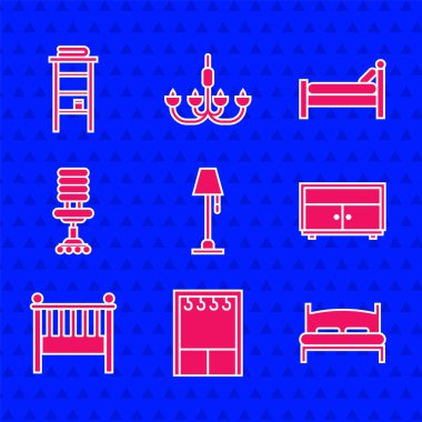 Zemin lambası Gardırop Büyük Yatak Çekmeceler Bebek Beşiği ofis koltuğu ve banyo rafı havlu ikonu için raflar. Vektör.