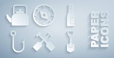 Kürek Kancası ve Su Şişe Kürek Pusula ve Kettle 'ı ikon ile ayarlayın. Vektör.