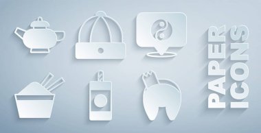 Firework Yin Yang sembolü Çin yemeği çubuğu kurabiye şapkası ve çay seremonisi ikonu ile buz kasesini hazırla. Vektör.