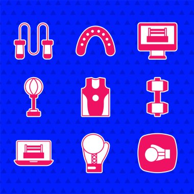 Boks forması ve tişört eldiveni. Dumbbell yüzük kum torbası ve ip atlama ikonu. Vektör.