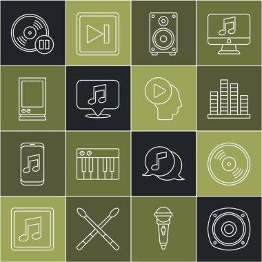 Satır Stereo hoparlörü Vinil Disk Müzik eşitleyici Müzikal nota balonlu konuşma balonu ses asistanı ve çalma düğmesi simgesi olan baş insanları ayarla. Vektör.