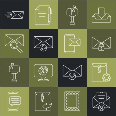 Satır Sil Zarfı 'nı ayarla. Posta iletisi kilidi parola kutusunu büyüteç ekspres, mobil ve simge ile birlikte ayarla. Vektör.