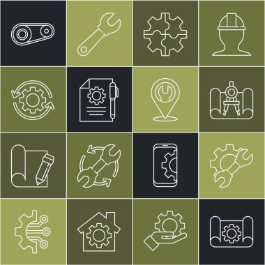 Çizgi Grafik kağıdı ve dişli anahtarlı anahtarlı pusula ayarları Dişli Belge ayarları kalem okları iş akışı zamanlama kemer kiti ve ingiliz anahtarı simgesi ile konum ayarlayın. Vektör.