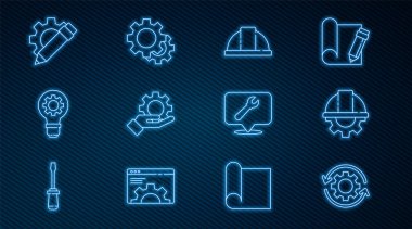 Hat Gear ve okları iş akışı işçi kaskı teçhizatı olarak ayarlayın. El Ampul Kalem Konumu 'nda anahtar anahtarı ve simgesi olan ayarlar. Vektör.