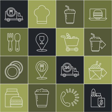 İnternetten erişte siparişi ve kahve bardağı siparişi ver. Alkollü bira barı lokasyonu Fork spoon. Araba ve alışveriş arabası yemek ikonu. Vektör.