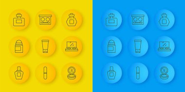 Parfüm anti-kokulu deodorant rulo krem losyon makyaj tozu, ayna ve göz gölgesi paleti ikonu. Vektör.