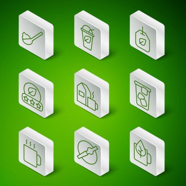 Bir bardak çay, yanında da yaprak, kaşık, şeker, süt ve buz ikonu. Vektör.