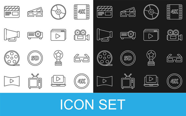 Set line 4k Ultra HD 3D cinema glasses Cinema camera CD or DVD disk Movie film media projector Megaphone clapper and Online play video icon. Vector.