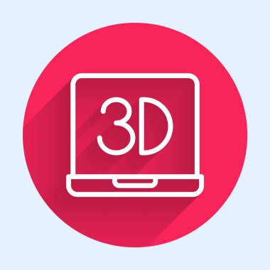 Beyaz çizgi 3D yazıcı simgesi uzun gölgeli izole edilmiş. 3D baskı. Kırmızı daire düğmesi. Vektör.