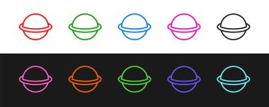 Gezegen Satürn 'ü siyah beyaz arkaplanda izole edilmiş gezegen halka sistemi simgesiyle ayarla. Vektör.