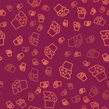 Kahverengi çizgi üzerinde kalp ikonu olan düğün pastası kırmızı arka planda izole edilmiş pürüzsüz desen. Sevgililer günün kutlu olsun. Vektör.