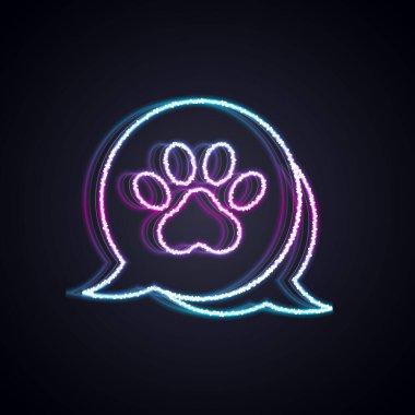 Parlayan neon çizgisi Paw yazdırma simgesi siyah arkaplanda izole edildi. Köpek ya da kedi pençesi izi. Hayvan izleri. Vektör.