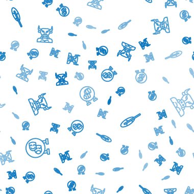 Çizgi komedi ve trajedi maskeleri, Tüy kalemi ve Minotaur 'u kusursuz desenlere ayarlayın. Vektör.