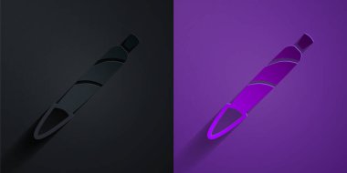 Kağıt, marihuana eklem yeri, mor arka planda siyah üzerine izole edilmiş ot ikonu. Uyuşturuculu sigara, esrar sarılmış sigara. Kağıt sanatı tarzı. Vektör