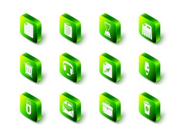 Liste ya da planlama için ayarlayın, Eski kum saati, Kağıt öğütücü, İşaretleyici kalem, kahve fincanı, düğmeli not kağıdı, evrak çantası ve posta simgesi ve e-posta simgesi. Vektör