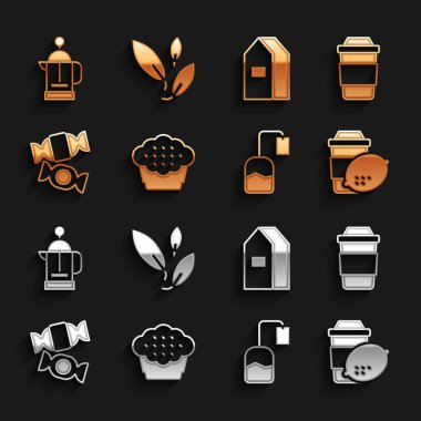 Kek, çay, limon, çay poşeti, şeker, süt paketi, Fransız basın ve yaprak ikonu. Vektör