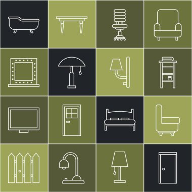 Hat kapalı, Kol Sandalyesi, Havlular için rafları olan banyo rafı, Ofis, Masa lambası, Makyaj aynası ışıkları, Küvet ve Duvar lamba ikonu. Vektör
