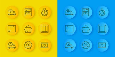 Hat çizgisi, lojistik kamyon ve saat, karton kutu, depo, ahşap, teslimat kargo aracı, Kronometre ve ikon. Vektör